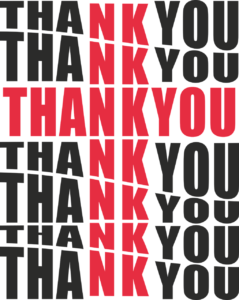 Thank you message. Red and black word design with part of words forming a red cross in a black word background.